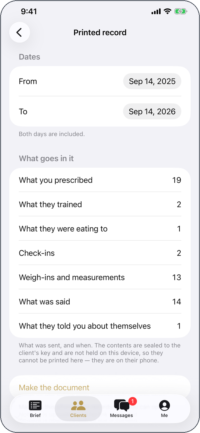 Sagoma Pro: a printed record spanning a year, counting 19 things prescribed, 2 sessions trained, 13 weigh-ins and measurements and 14 messages, with a note that sealed contents cannot be printed.