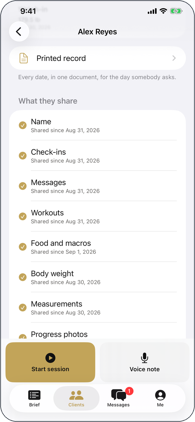 Sagoma Pro: a client card offering a printed record — ‘every date, in one document, for the day somebody asks’ — above the eight things they share, each with the date it was shared from.